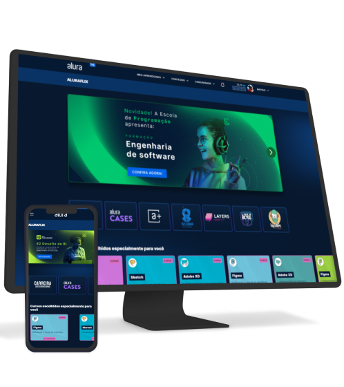 um monitor e um celular com o alura plus na tela